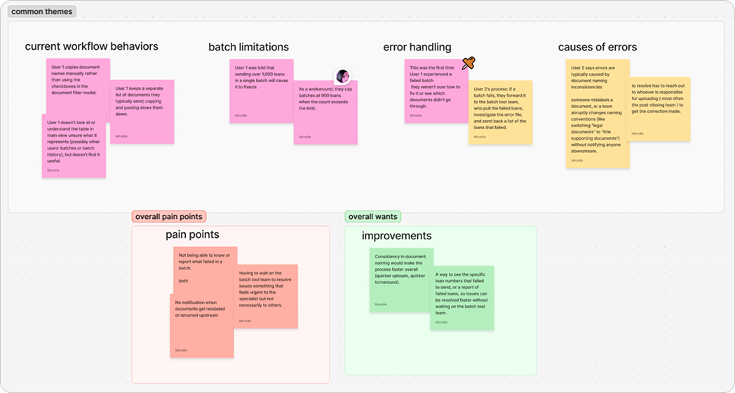 Affinity map of research themes: current workflow behaviors, batch limitations, error handling, causes of errors, pain points and improvements
