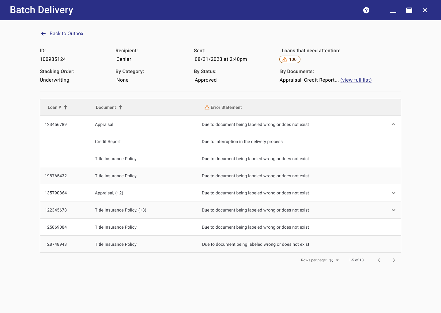 Batch detail view with per-document error statements