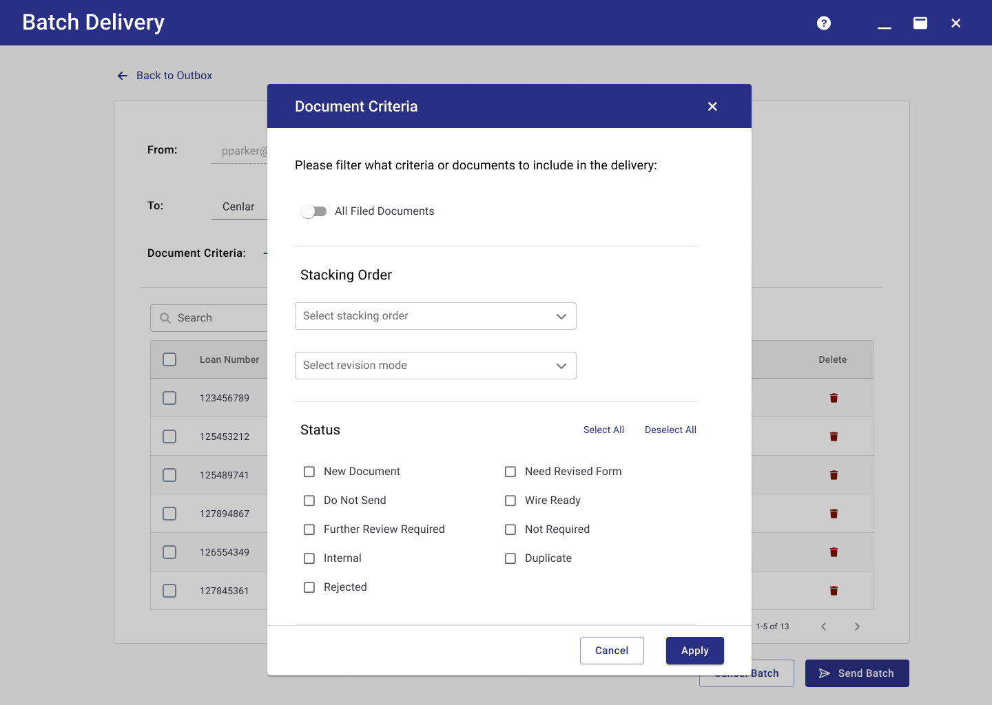 Document Criteria modal for filtering which documents to include in the delivery