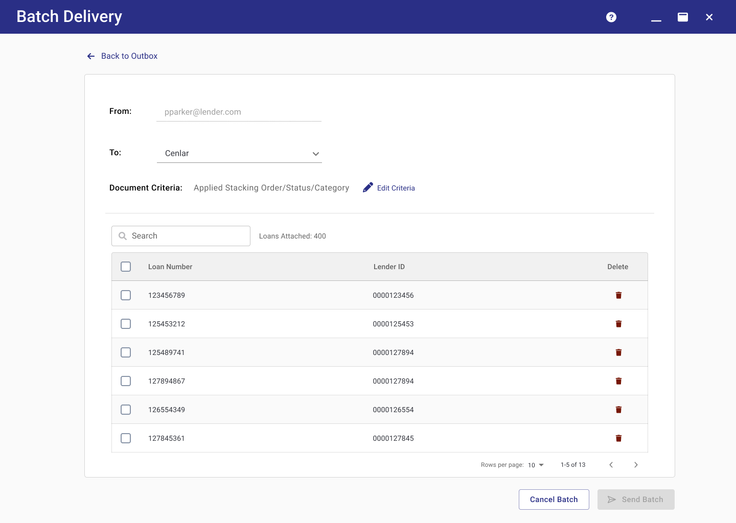 New batch screen with 400 loans attached, listed in an editable table