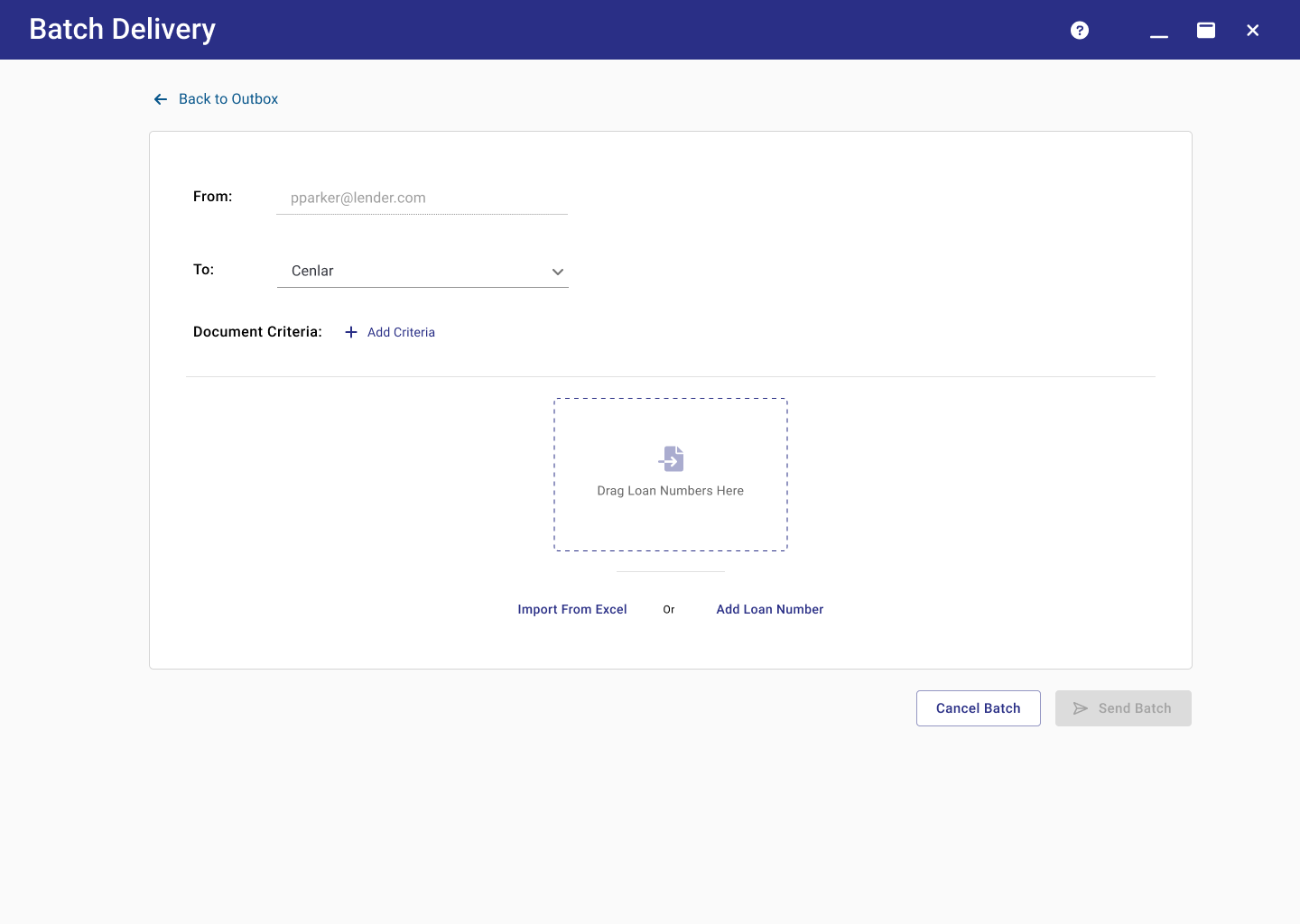 New batch composition screen with a drop zone for loan numbers