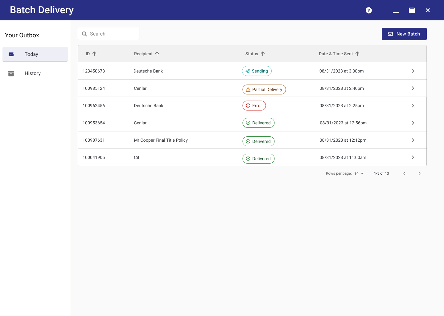 Outbox listing sent batches and their statuses