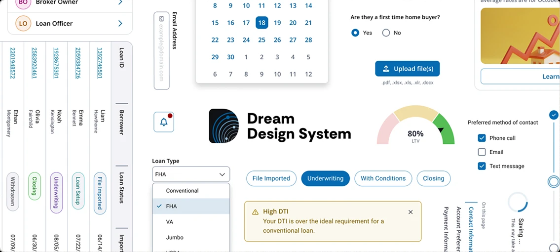 Dream Design System components applied across UWM's tools