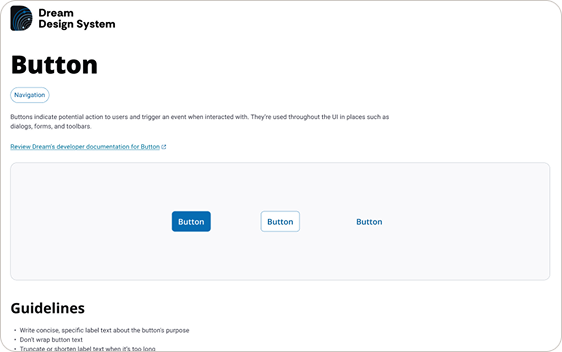 Dream Design System Button component documentation in Figma